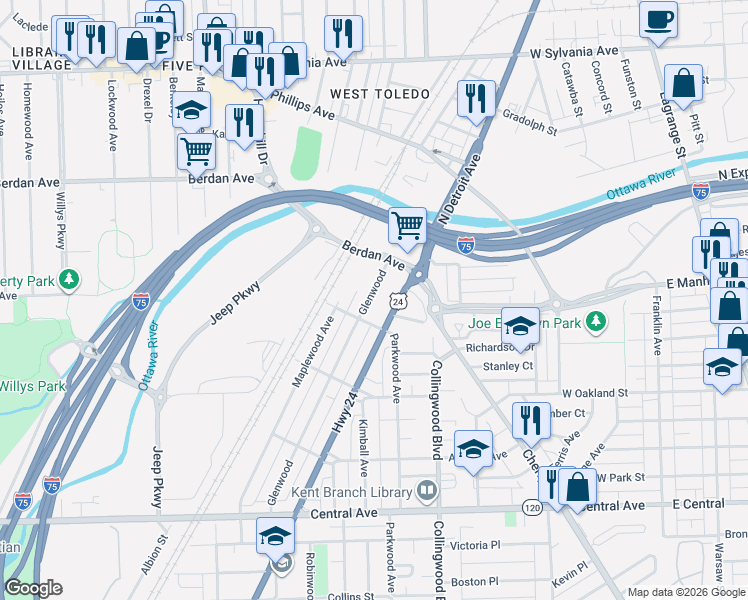 map of restaurants, bars, coffee shops, grocery stores, and more near 3405 North Detroit Avenue in Toledo