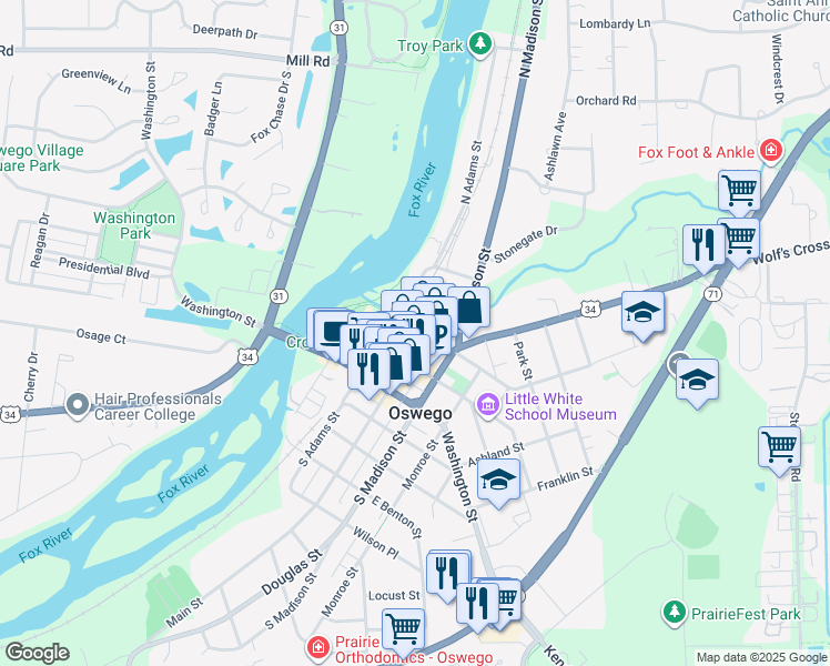 map of restaurants, bars, coffee shops, grocery stores, and more near 5 Main Street in Oswego