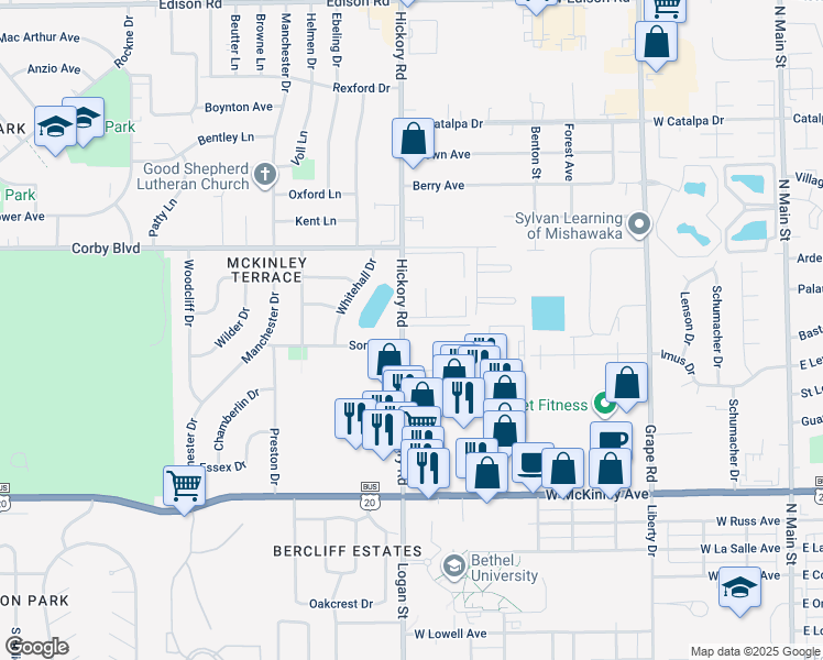 map of restaurants, bars, coffee shops, grocery stores, and more near 201 North Pin Oak Drive in Mishawaka