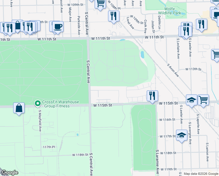 map of restaurants, bars, coffee shops, grocery stores, and more near 5432 Foxwoods Dr in Oak Lawn