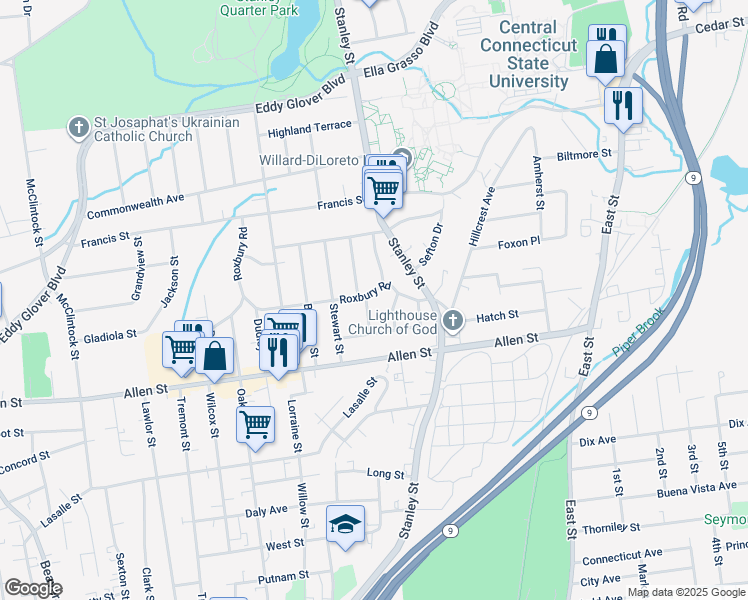 map of restaurants, bars, coffee shops, grocery stores, and more near 6 Wellington Street in New Britain