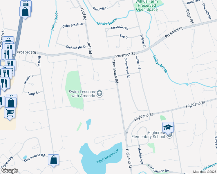 map of restaurants, bars, coffee shops, grocery stores, and more near 25 Baneberry Lane in Wethersfield