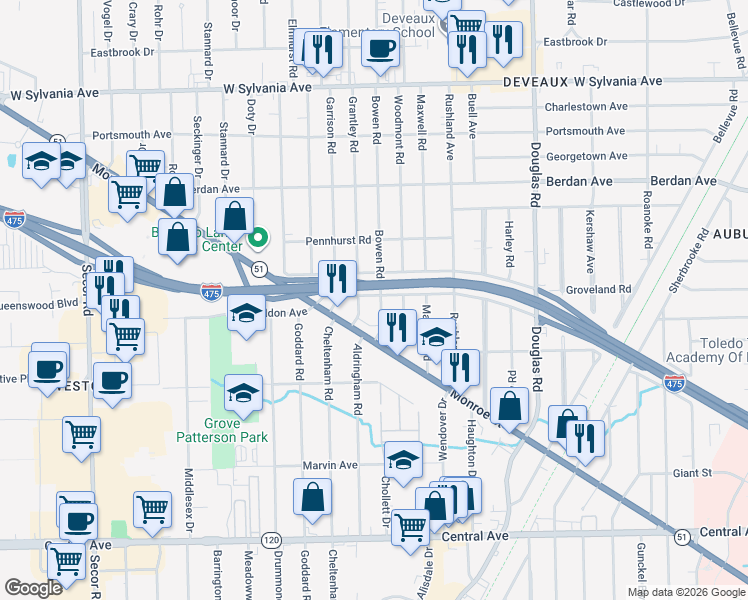 map of restaurants, bars, coffee shops, grocery stores, and more near 3541 Woodmont Road in Toledo