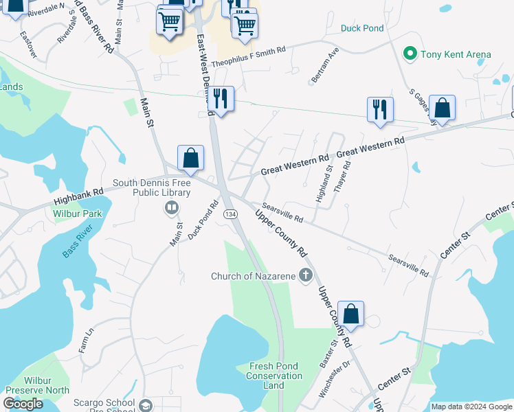 map of restaurants, bars, coffee shops, grocery stores, and more near 98 Upper County Road in Dennis