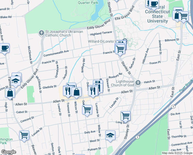 map of restaurants, bars, coffee shops, grocery stores, and more near 171 Roxbury Road in New Britain