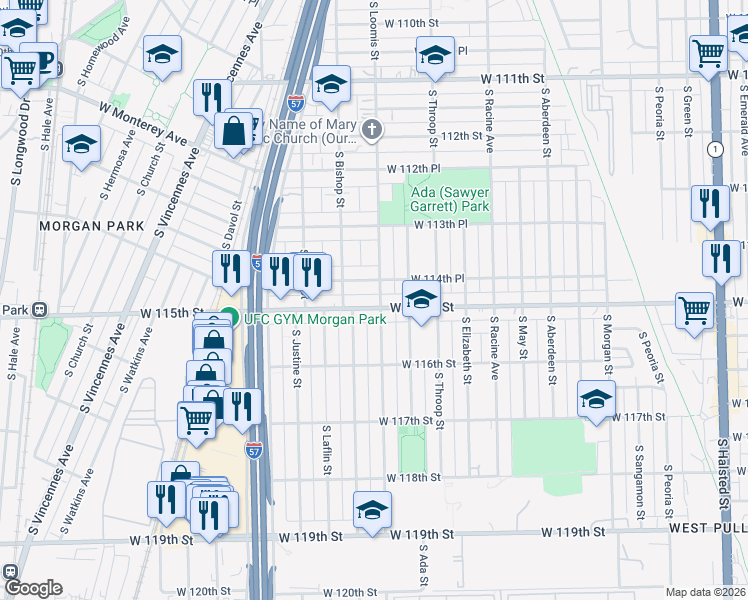 map of restaurants, bars, coffee shops, grocery stores, and more near 1402 West 115th Street in Chicago