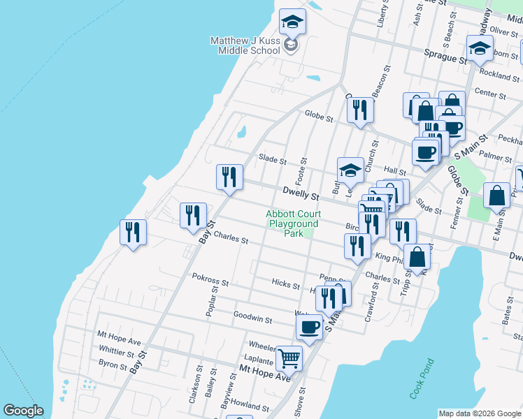 map of restaurants, bars, coffee shops, grocery stores, and more near 299 Birch Street in Fall River