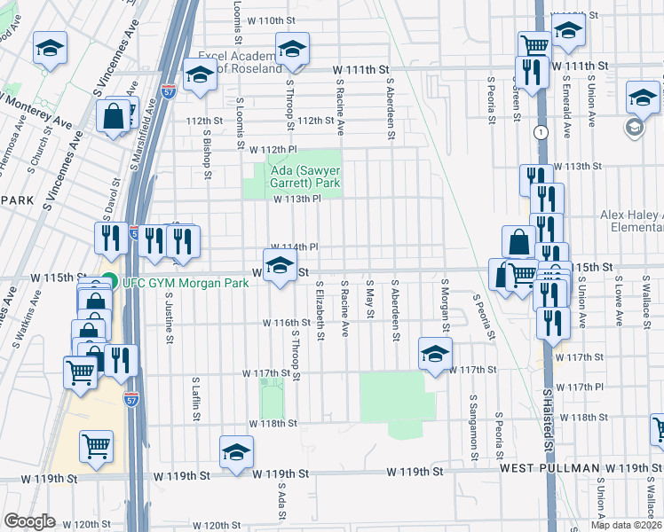map of restaurants, bars, coffee shops, grocery stores, and more near 1212 West 115th Street in Chicago