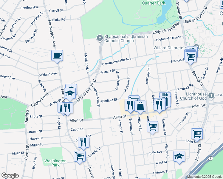 map of restaurants, bars, coffee shops, grocery stores, and more near 56 Magnolia Street in New Britain