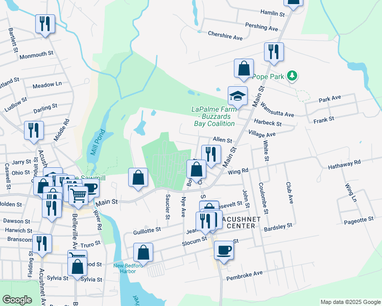 map of restaurants, bars, coffee shops, grocery stores, and more near 41 Boylston St in Acushnet