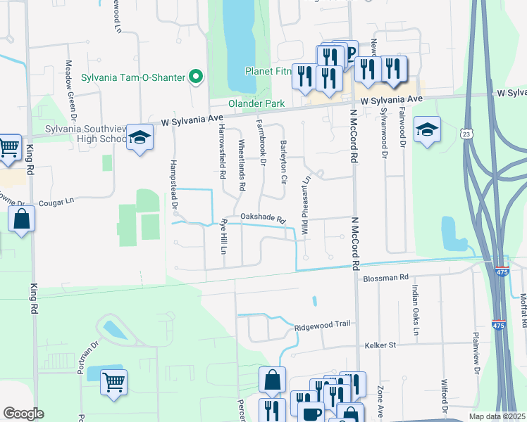 map of restaurants, bars, coffee shops, grocery stores, and more near 6926 Oakshade Road in Sylvania