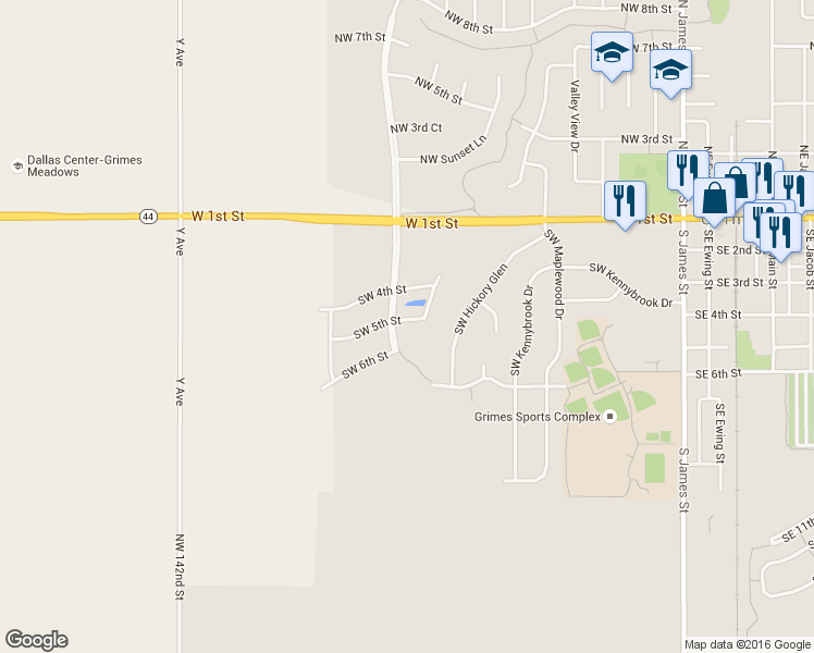 map of restaurants, bars, coffee shops, grocery stores, and more near 1012 Southwest 5th Street in Grimes