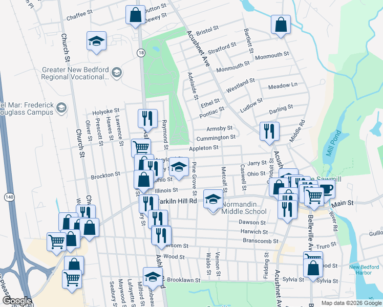 map of restaurants, bars, coffee shops, grocery stores, and more near 105 Pine Grove Street in New Bedford