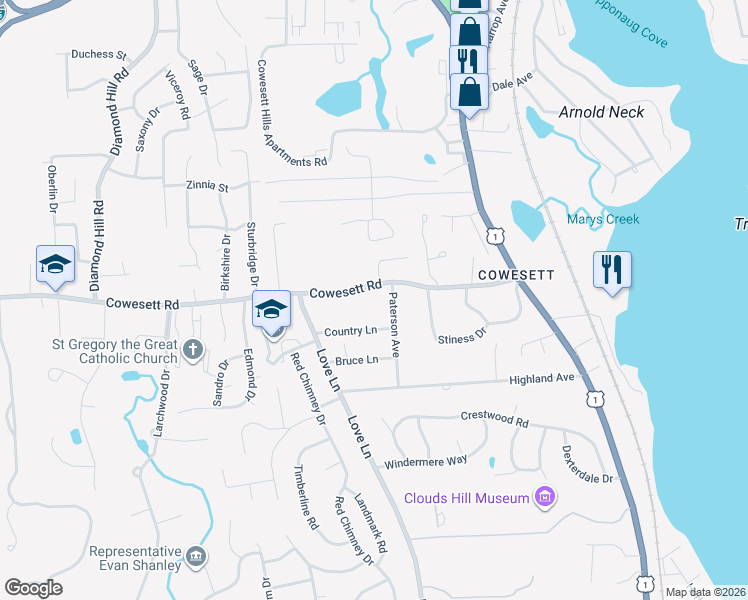 map of restaurants, bars, coffee shops, grocery stores, and more near 170 Cowesett Road in Warwick