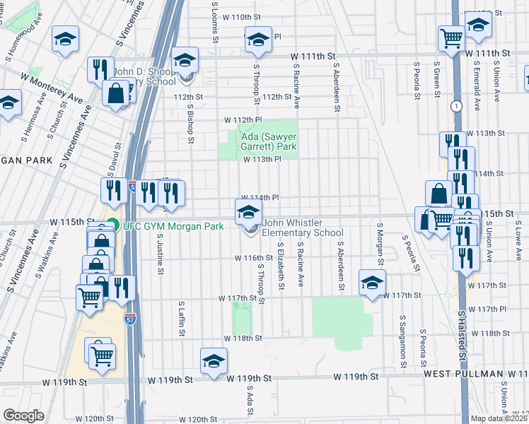 map of restaurants, bars, coffee shops, grocery stores, and more near 1256 West 115th Street in Chicago
