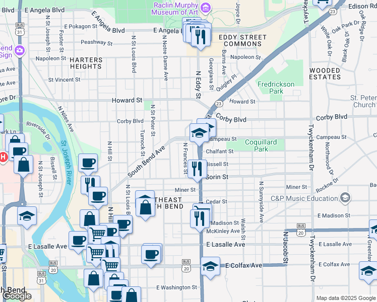 map of restaurants, bars, coffee shops, grocery stores, and more near 724 North Frances Street in South Bend