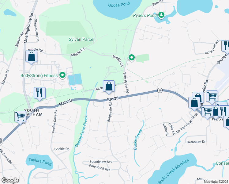 map of restaurants, bars, coffee shops, grocery stores, and more near 10 Ridge Cove Lane in Chatham