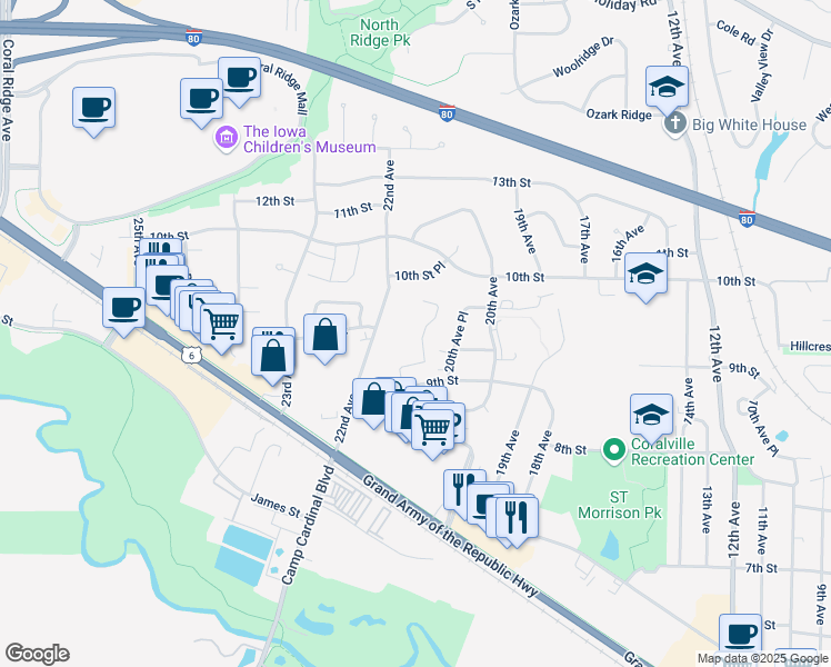 map of restaurants, bars, coffee shops, grocery stores, and more near 1104 21st Avenue Place in Coralville