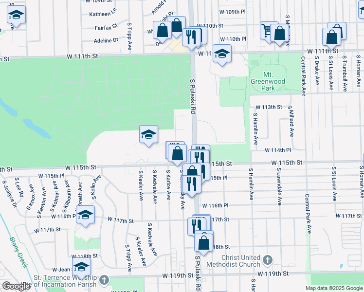 map of restaurants, bars, coffee shops, grocery stores, and more near 4054 West 115th Street in Chicago
