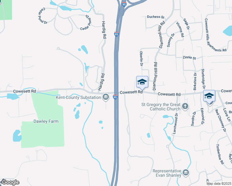 map of restaurants, bars, coffee shops, grocery stores, and more near 700 Cowesett Road in Warwick