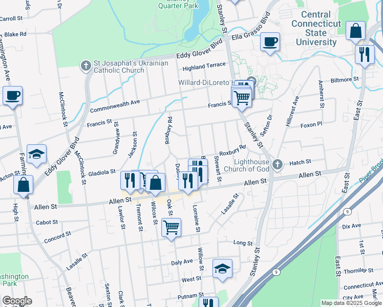 map of restaurants, bars, coffee shops, grocery stores, and more near 171 Roxbury Road in New Britain