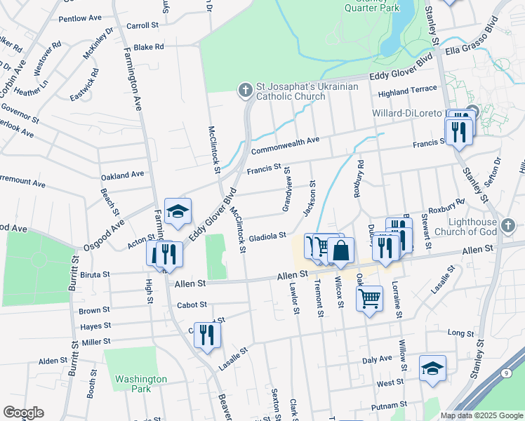 map of restaurants, bars, coffee shops, grocery stores, and more near 56 Magnolia Street in New Britain