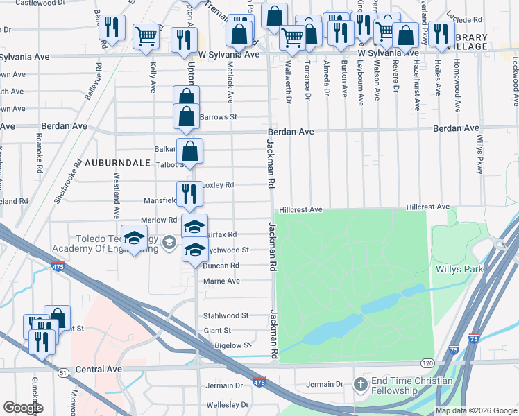 map of restaurants, bars, coffee shops, grocery stores, and more near 1736 Marlow Road in Toledo