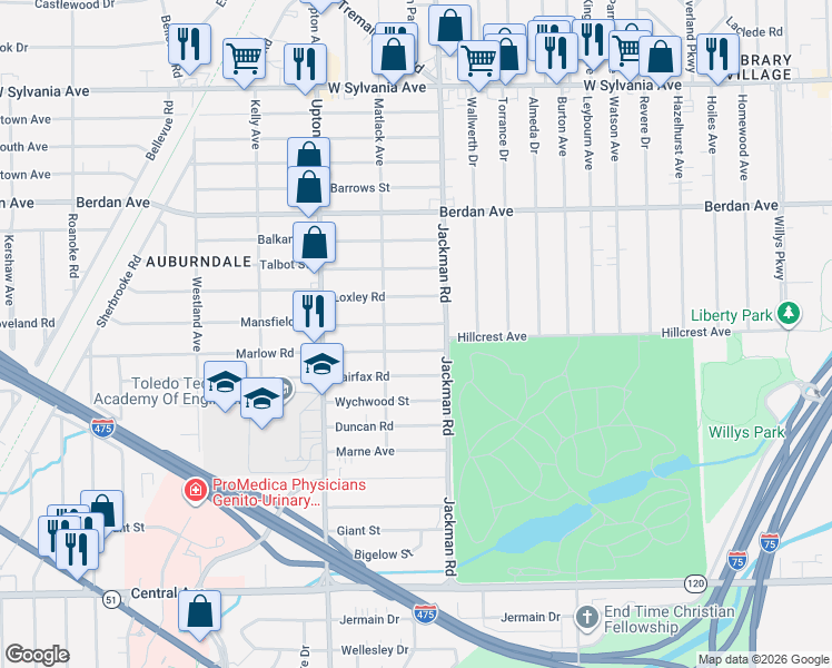 map of restaurants, bars, coffee shops, grocery stores, and more near 1736 Marlow Road in Toledo