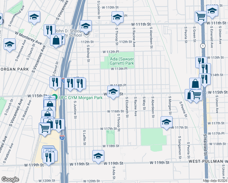 map of restaurants, bars, coffee shops, grocery stores, and more near 1324 West 115th Street in Chicago