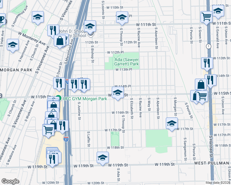 map of restaurants, bars, coffee shops, grocery stores, and more near 1324 West 115th Street in Chicago