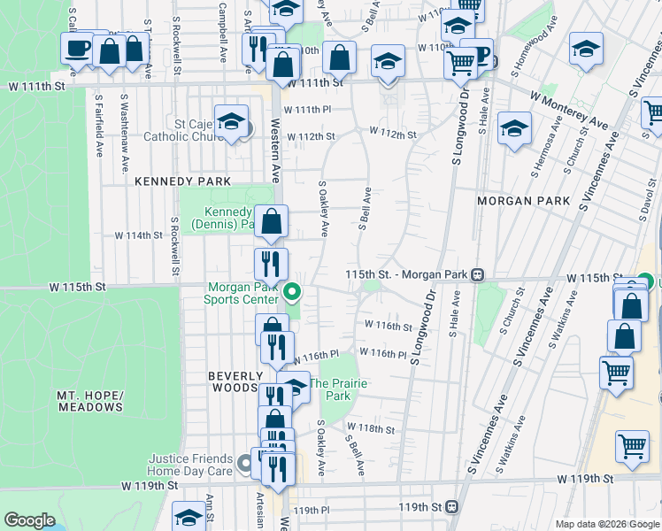map of restaurants, bars, coffee shops, grocery stores, and more near 11452 South Bell Avenue in Chicago