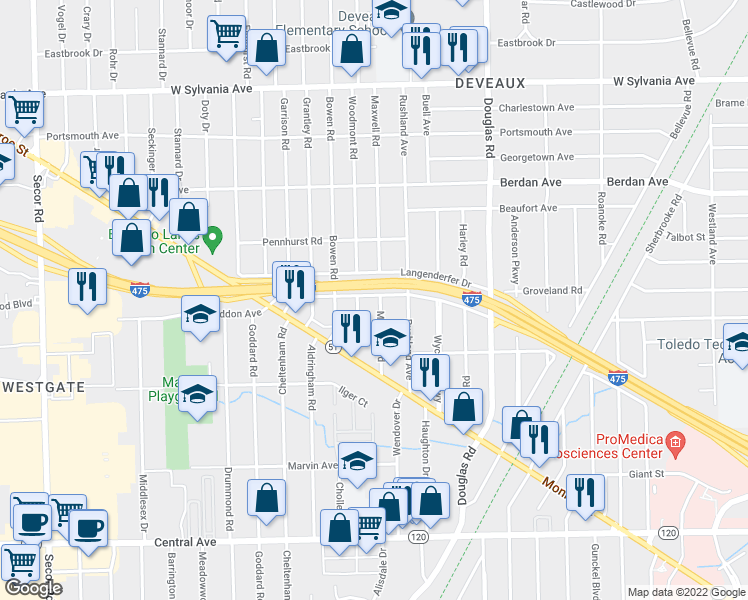 map of restaurants, bars, coffee shops, grocery stores, and more near 3559 Maxwell Road in Toledo
