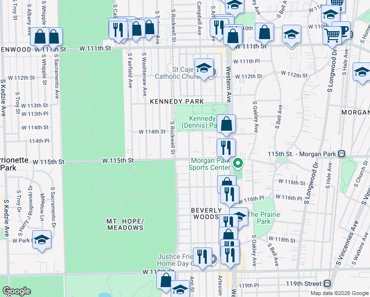 map of restaurants, bars, coffee shops, grocery stores, and more near 11445 South Rockwell Street in Chicago