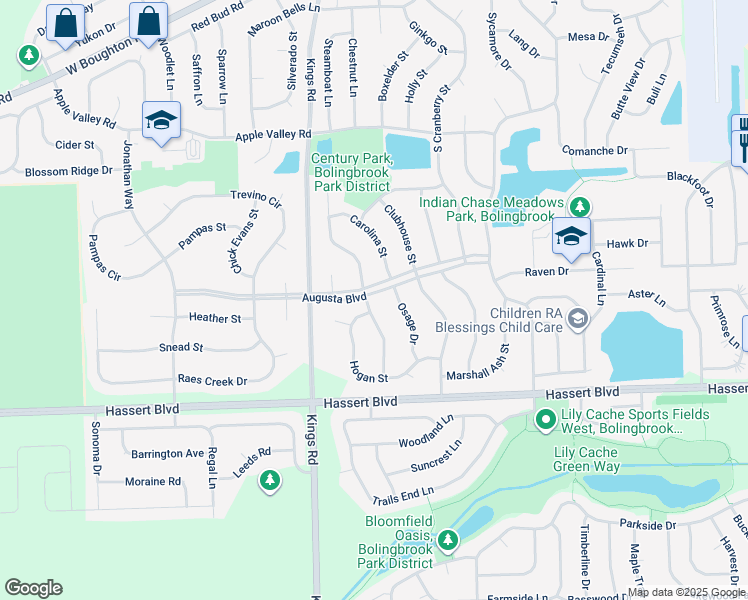 map of restaurants, bars, coffee shops, grocery stores, and more near 330 Tiger Street in Bolingbrook