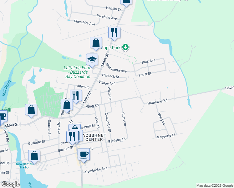 map of restaurants, bars, coffee shops, grocery stores, and more near 65 Wing Rd in Acushnet