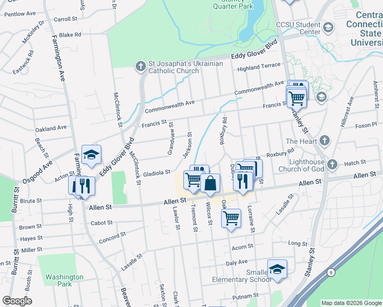 map of restaurants, bars, coffee shops, grocery stores, and more near 106 Derby Street in New Britain