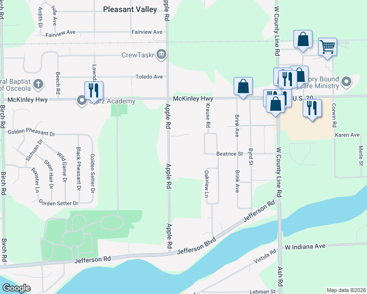 map of restaurants, bars, coffee shops, grocery stores, and more near 55716 Apple Road in Osceola