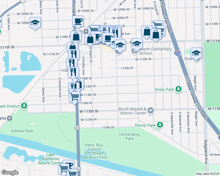 map of restaurants, bars, coffee shops, grocery stores, and more near 6906 West 114th Street in Worth