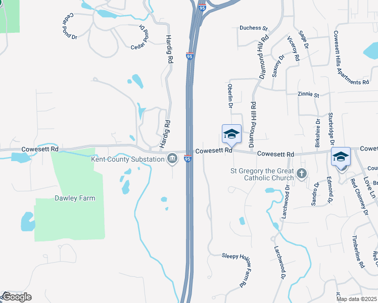 map of restaurants, bars, coffee shops, grocery stores, and more near Cowesett Road in Warwick