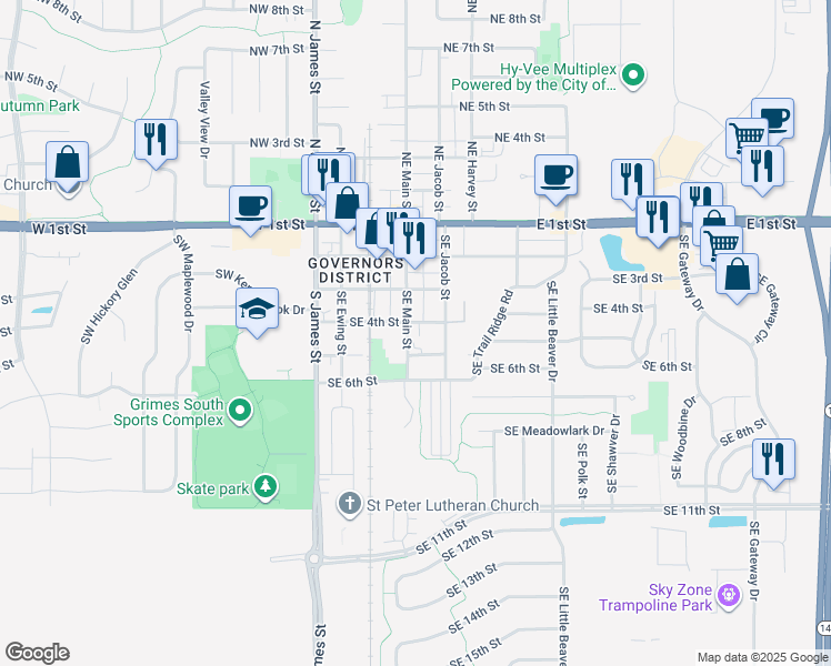 map of restaurants, bars, coffee shops, grocery stores, and more near 401 Southeast Main Street in Grimes