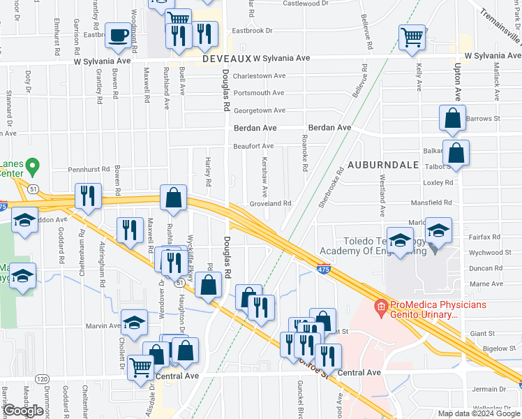 map of restaurants, bars, coffee shops, grocery stores, and more near 3559 Kershaw Avenue in Toledo