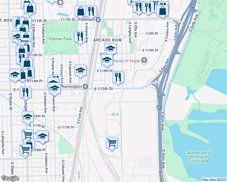 map of restaurants, bars, coffee shops, grocery stores, and more near 549 East 115th Street in Chicago