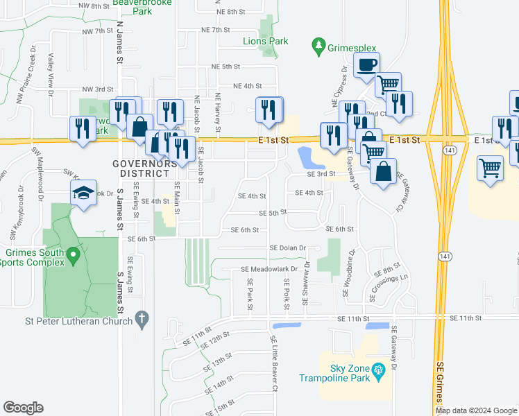 map of restaurants, bars, coffee shops, grocery stores, and more near 711 Southeast 5th Street in Grimes