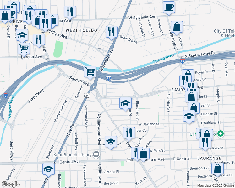 map of restaurants, bars, coffee shops, grocery stores, and more near 416 West Manhattan Boulevard in Toledo