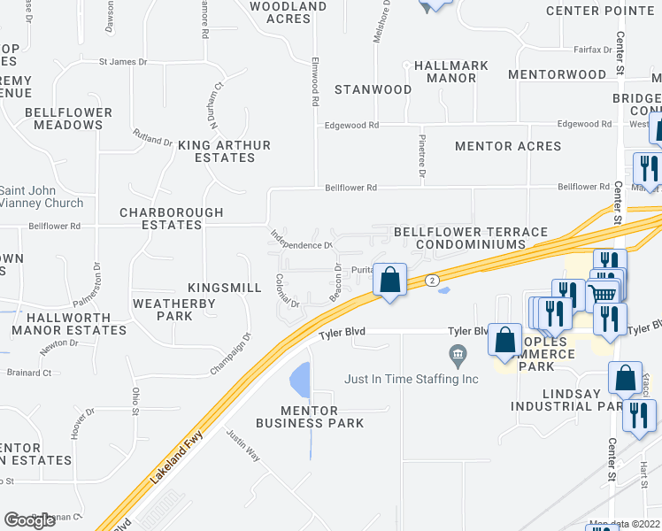 map of restaurants, bars, coffee shops, grocery stores, and more near 6824 Beacon Drive in Mentor
