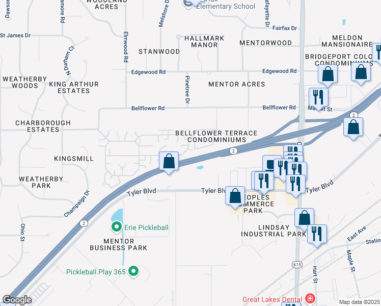 map of restaurants, bars, coffee shops, grocery stores, and more near 6831 Kirkwood Drive in Mentor