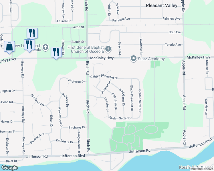 map of restaurants, bars, coffee shops, grocery stores, and more near 55663 Wild Game Drive in Osceola