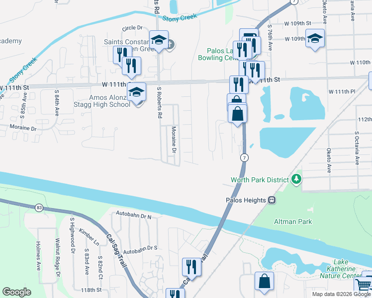 map of restaurants, bars, coffee shops, grocery stores, and more near 7908 113th Place in Palos Hills