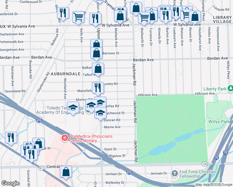 map of restaurants, bars, coffee shops, grocery stores, and more near 1803 Mansfield Road in Toledo