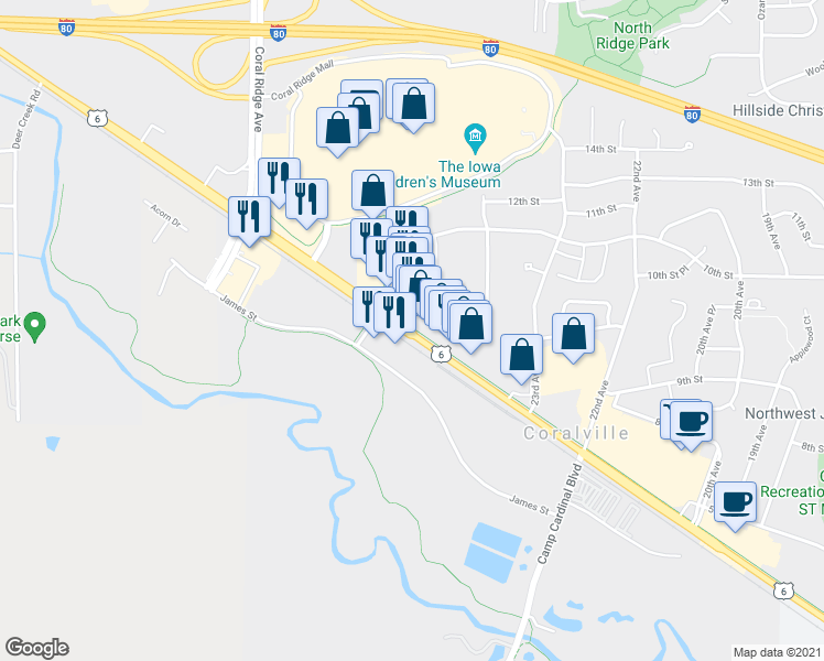 map of restaurants, bars, coffee shops, grocery stores, and more near 2472 Historic US 6 in Coralville
